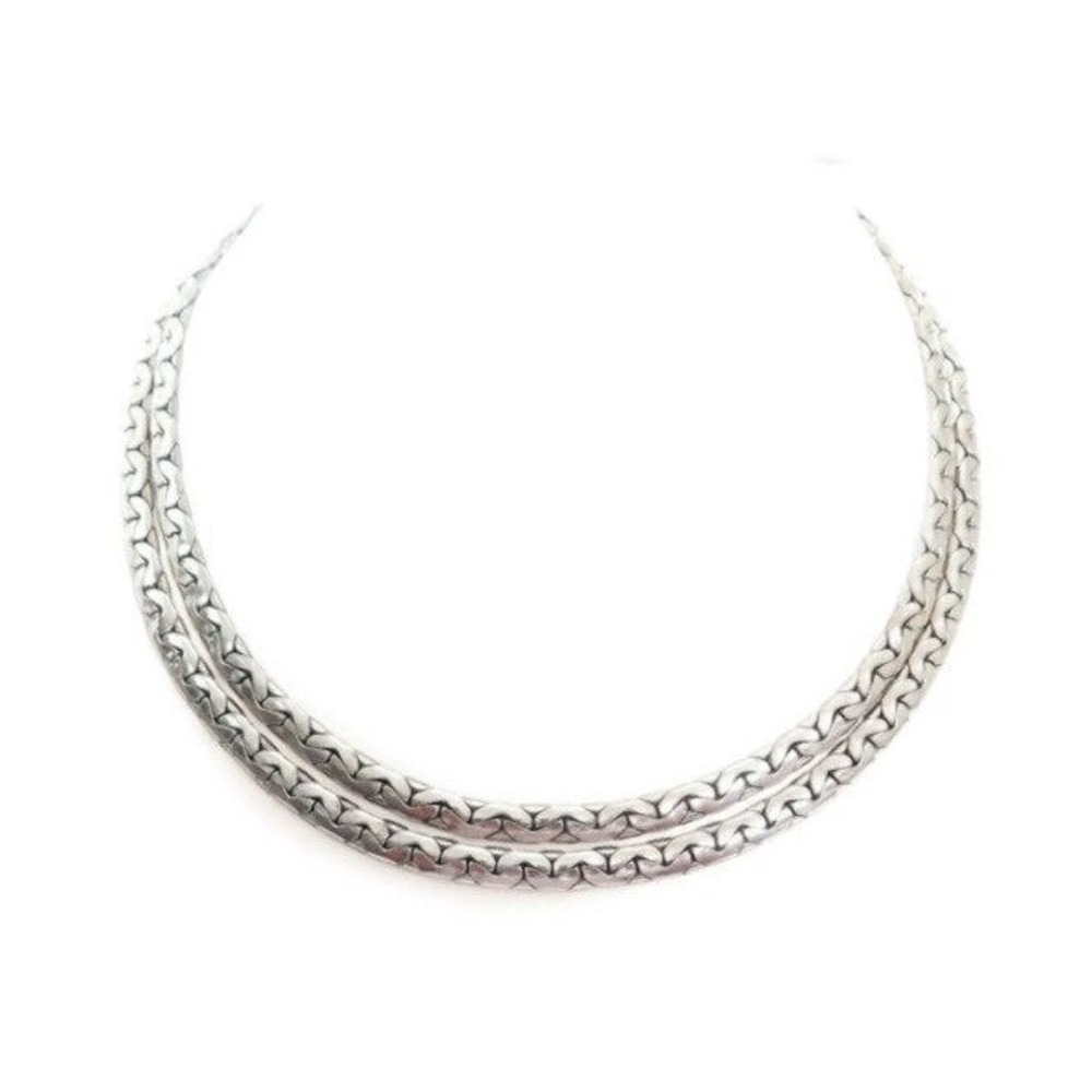 VINTAGE CHUNKY 2 ROW‎ SILVER TONE CHOKER NECKLACE
